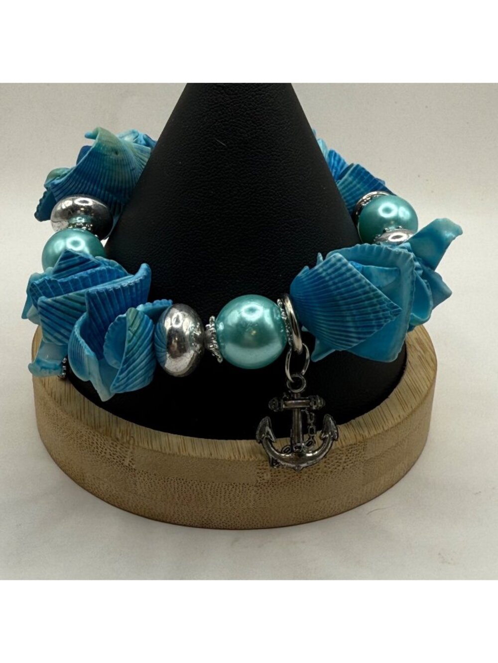 Y2K Teal Seashell Anchor Charm Stretch Bracelet Boho Coastal Ocean Beach Aesthet